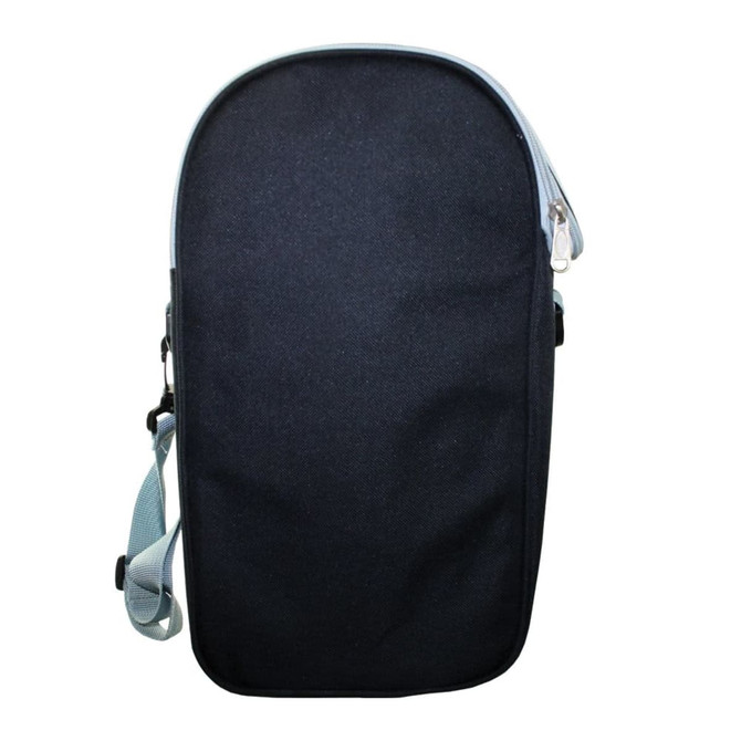 A black cooler bag with a grey zipper, featuring a shoulder strap and a sleek design.