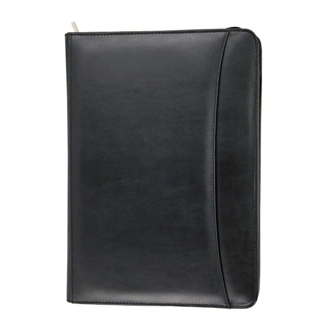 A black imitation leather zip compendium featuring a sleek design and a branded logo.