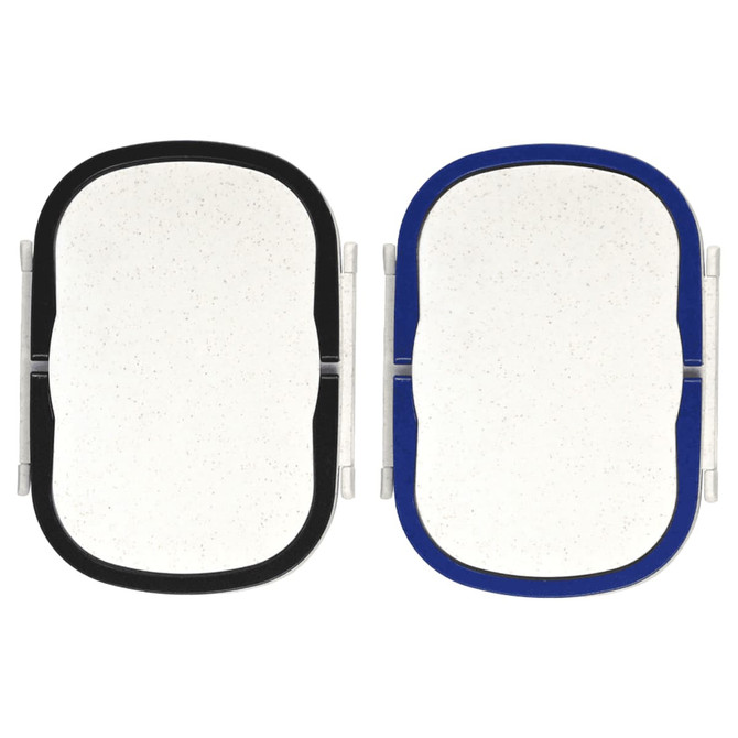 Two plastic and wheat straw lunch boxes, one with a black rim and the other with a blue rim, featuring a white interior.