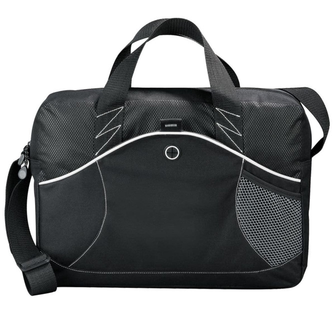 A black laptop bag with mesh detailing, featuring handles and a shoulder strap, plus a logo.