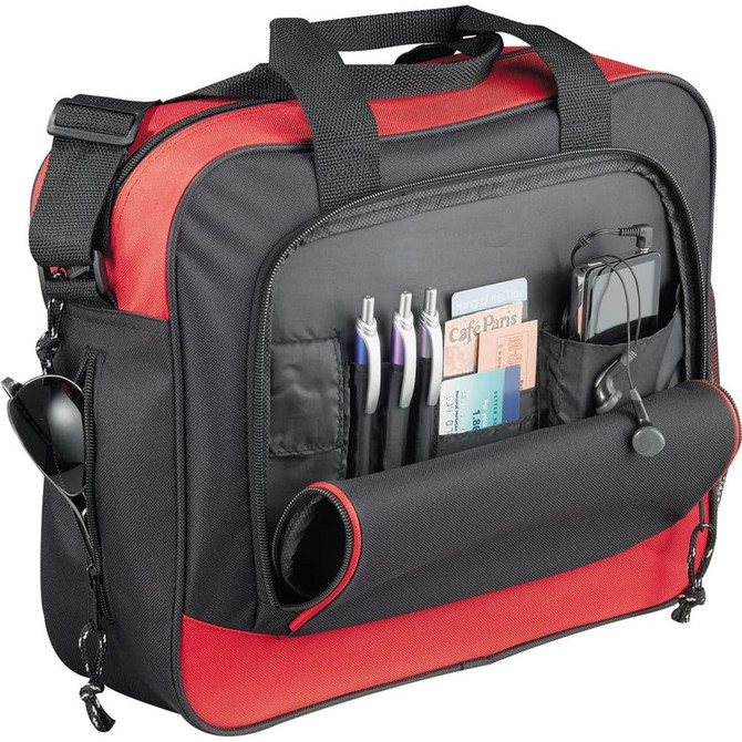 A black and red business briefcase featuring multiple pockets for pens, cards, and a phone, with a logo on it.