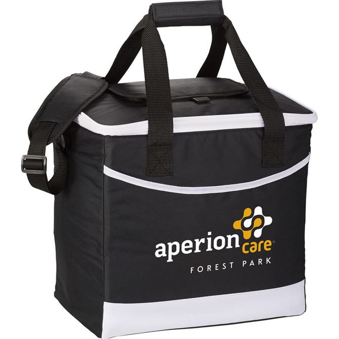 A black cooler bag with white accents, featuring handles and a shoulder strap, includes a logo on the front.