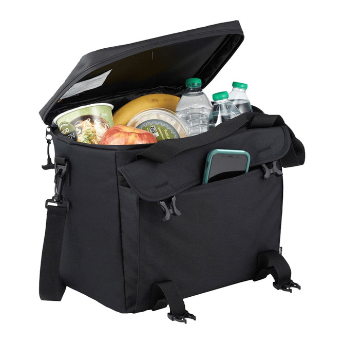 A black cooler bag with a zippered top, filled with bottles, fruit, and containers, featuring an exterior pocket.