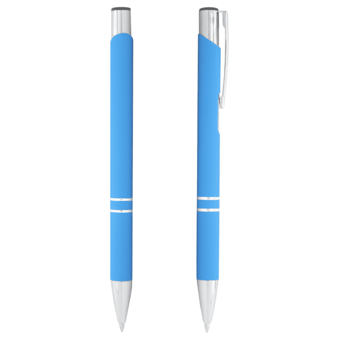 A blue metal ballpoint pen with chrome accents and a smooth grip, featuring a clip and a logo.