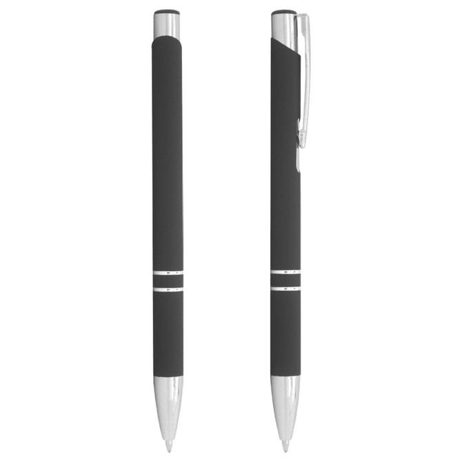 A black metal ballpoint pen with a silver clip and accents, featuring a sleek design and a logo.