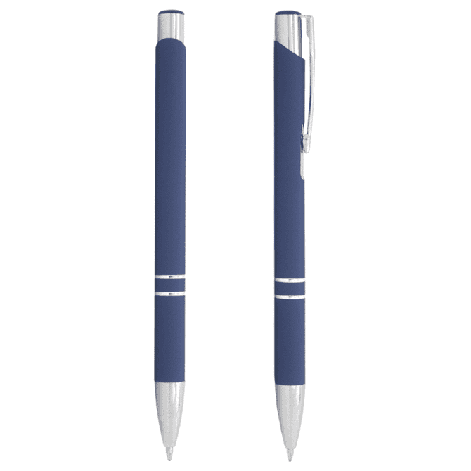 A blue metal ballpoint pen with silver accents and a clip, featuring a sleek, modern design and branding.