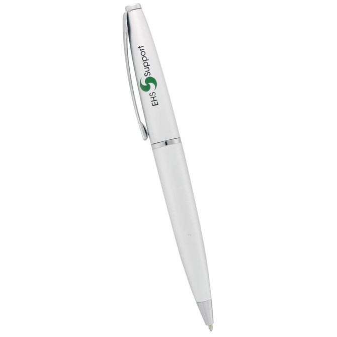 A white metal twist action pen with a silver accent and a branding logo.