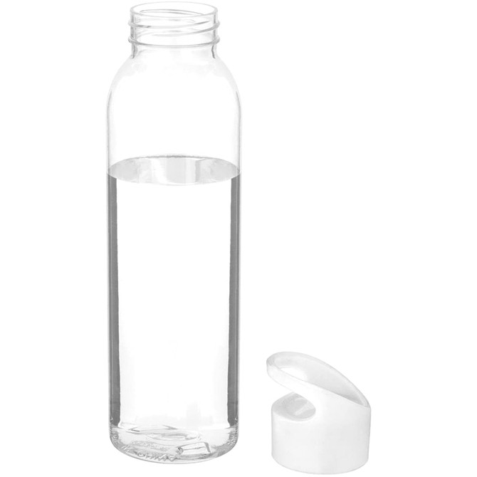 A drink bottle with a transparent design, featuring a white cap and filled with water.