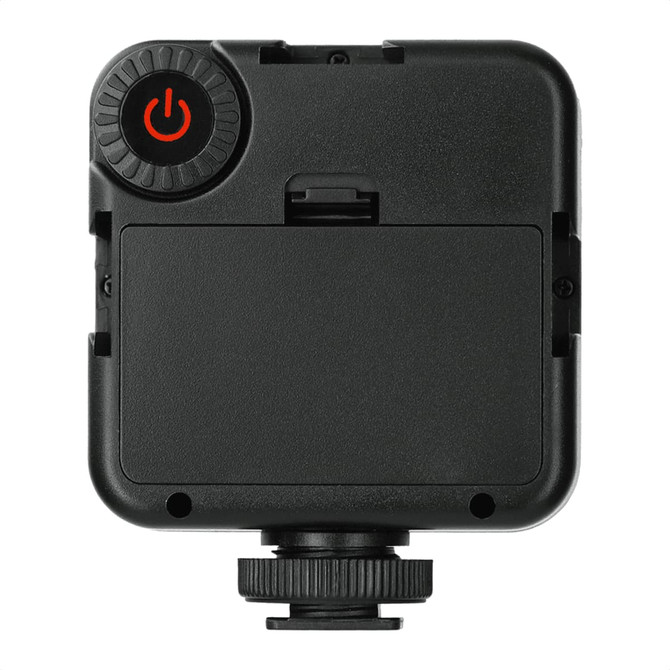 A portable video light in black with a power button and adjustable mount for laptops and tablets.