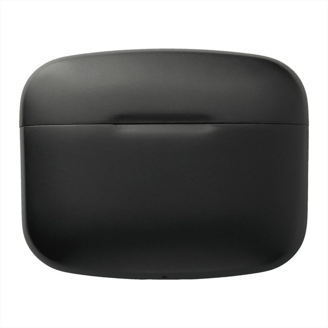 A black charging case for wireless earbuds featuring a sleek design and a logo on the front.
