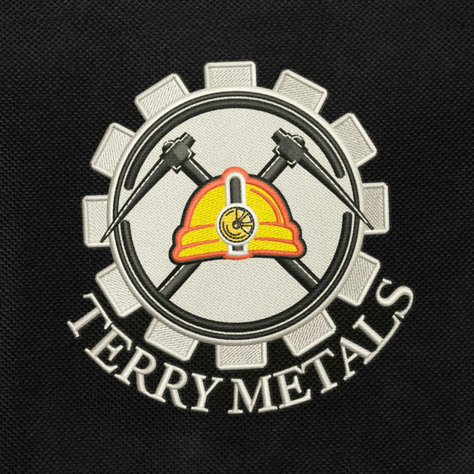 A logo featuring a gear, crossed hammers, and a hard hat, with the text "TERRY METALS".