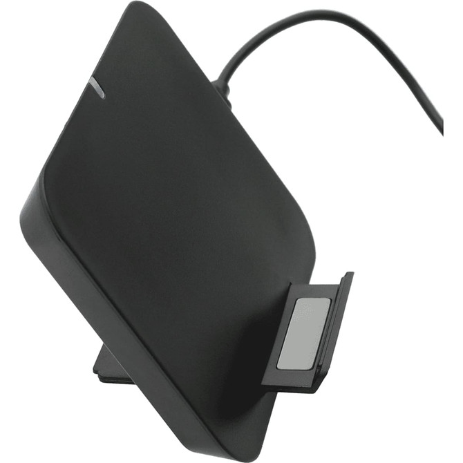 A sleek black wireless charging phone stand with an attached cable, designed for convenient charging.