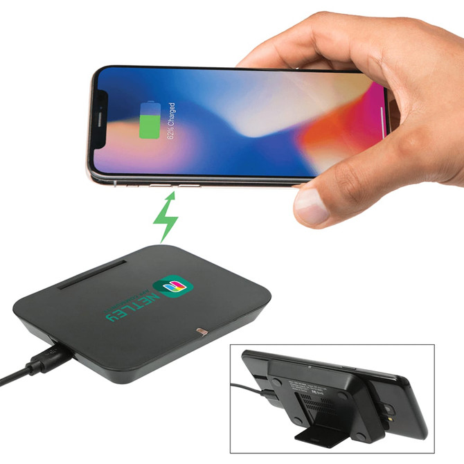 A wireless charging phone stand in black, showing a phone being placed on it, with a logo visible.