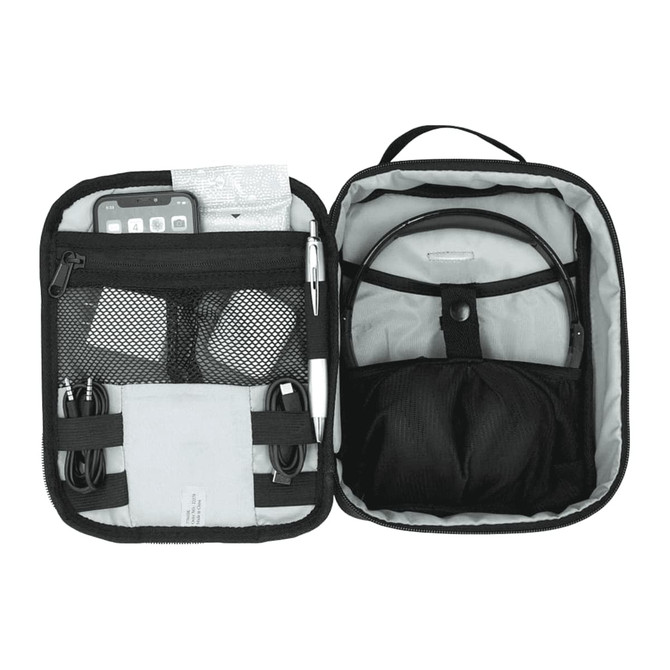 A black RPET headphone and tech case featuring mesh pockets, cables, and a padded compartment for headphones.