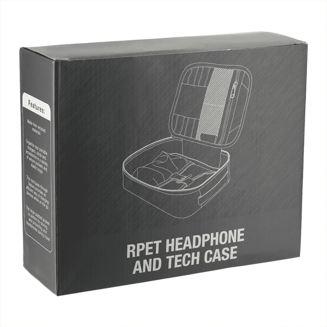 A black RPET headphone and tech case box featuring a logo and an illustration of the product inside.