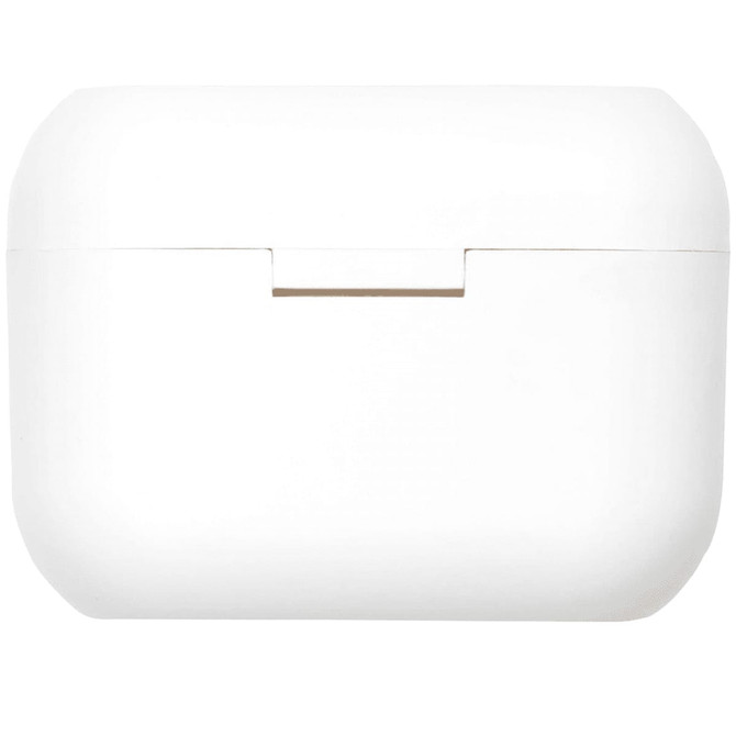 A white charging case for earbuds with a smooth finish and a minimalistic design, featuring a small opening.