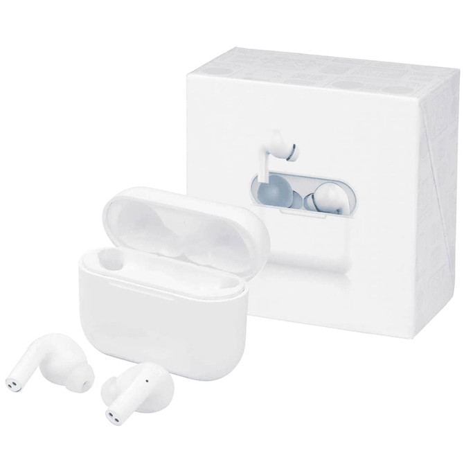White earbuds with a charging case, presented in a plain white box, featuring a logo on the packaging.