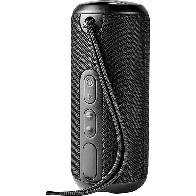 A black rugged fabric waterproof Bluetooth speaker with controls and a strap for easy carrying.
