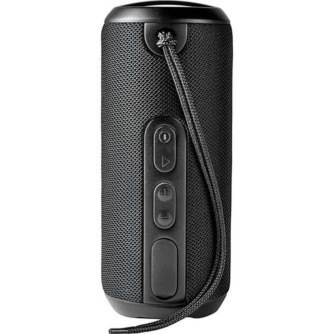 A black, rugged fabric waterproof Bluetooth speaker with buttons and a strap for easy carrying.