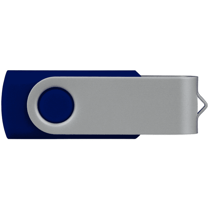 A blue and silver USB flash drive with a swivel cap, featuring a branding logo. It has a storage capacity of 16GB.