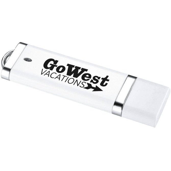 A white USB flash drive with a silver trim and a logo. It's designed for storage with a sleek appearance.