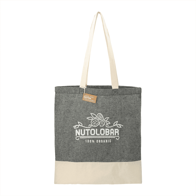 A grey and cream cotton twill tote bag featuring a logo and two sturdy handles.