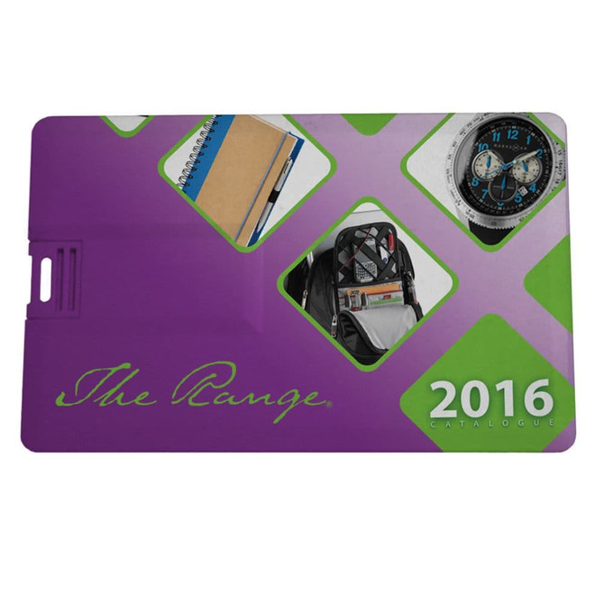 A purple promotional product with a sleek design, featuring a logo and images of various items like a backpack and notebook.