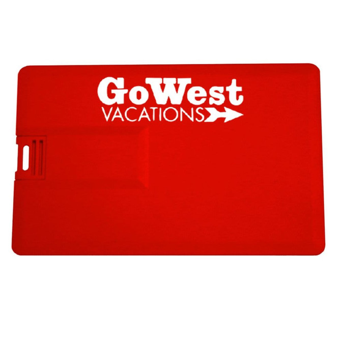 A red credit card USB drive with a slot and a logo printed on it.