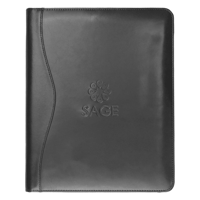 A black leather compendium featuring a sleek design and a subtle embossed logo. Ideal for professional use.