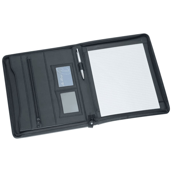 A black imitation leather zip compendium with card slots, a pen, and a notepad. Features a zip closure and logo.