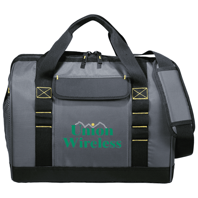 A grey cooler bag with a front pocket, featuring a logo and black straps for easy carrying.