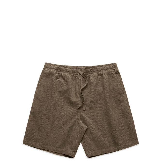 A pair of brown cord shorts with an elastic waistband and drawstring detail. Features a logo on the waistband.