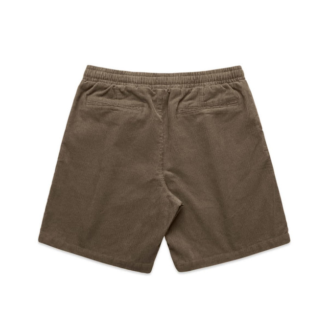 Cord shorts in earthy brown with a back pocket design and elastic waist. Features a logo on the label.