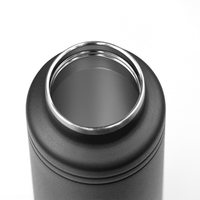 A drink bottle with a sleek black finish and a wide opening, featuring a silver rim at the top.