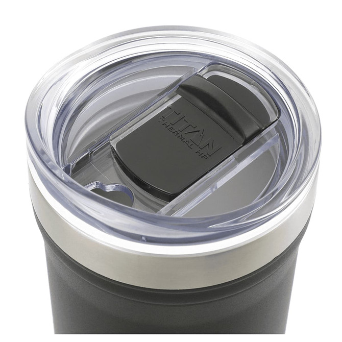 A drink bottle featuring a clear lid and black grip, with a stainless steel base in a sleek design.