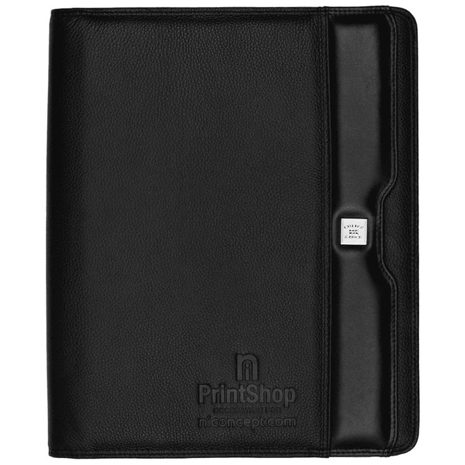 A black Nappa leather A4 zippered compendium with a sleek design and a touch of branding.