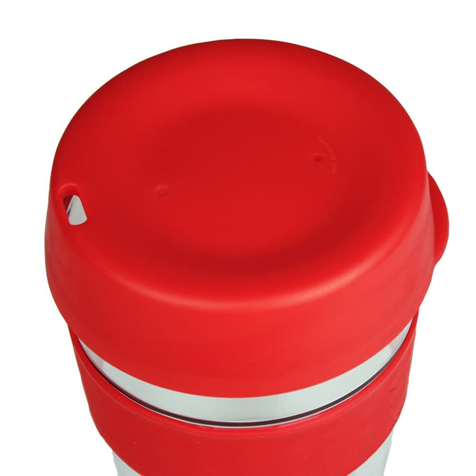 A drink bottle featuring a red silicone lid and a stainless steel body, designed as a reusable coffee cup.