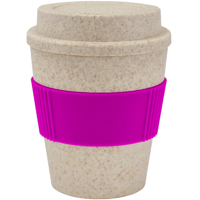 A drink bottle in a light beige colour with a purple silicone grip, designed for reusable coffee use.