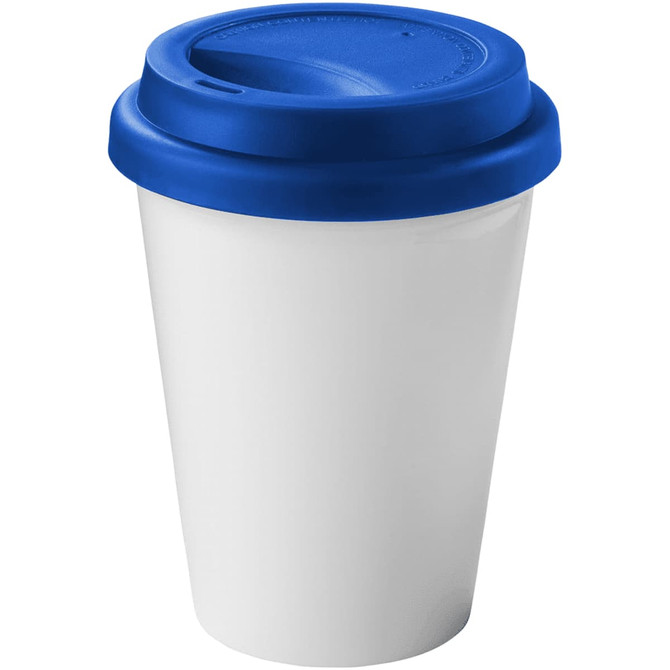 A drink bottle featuring a white body and a blue lid, designed as a 350ml antibacterial insulated tumbler.
