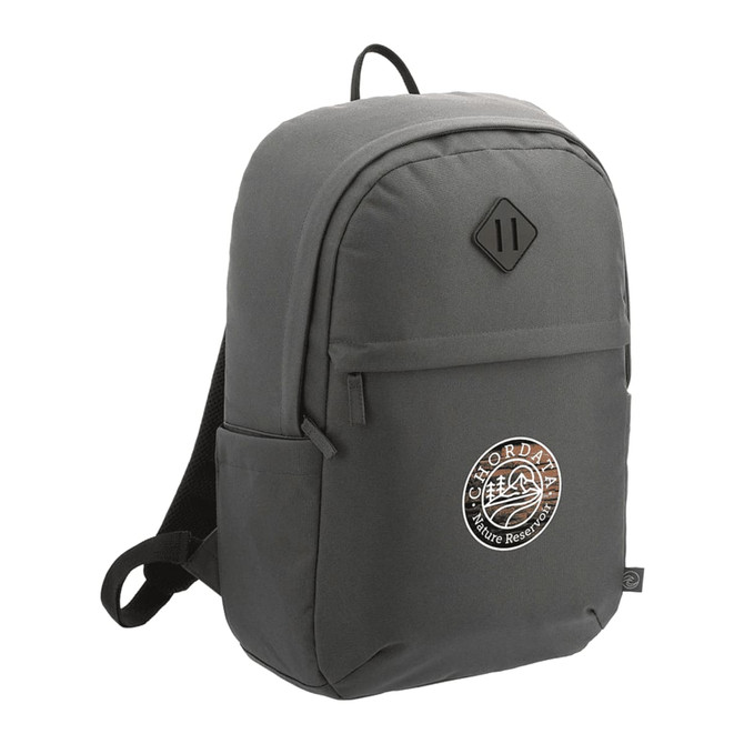 A grey 19L computer backpack made from Repreve recycled material, featuring a front pocket and logo.