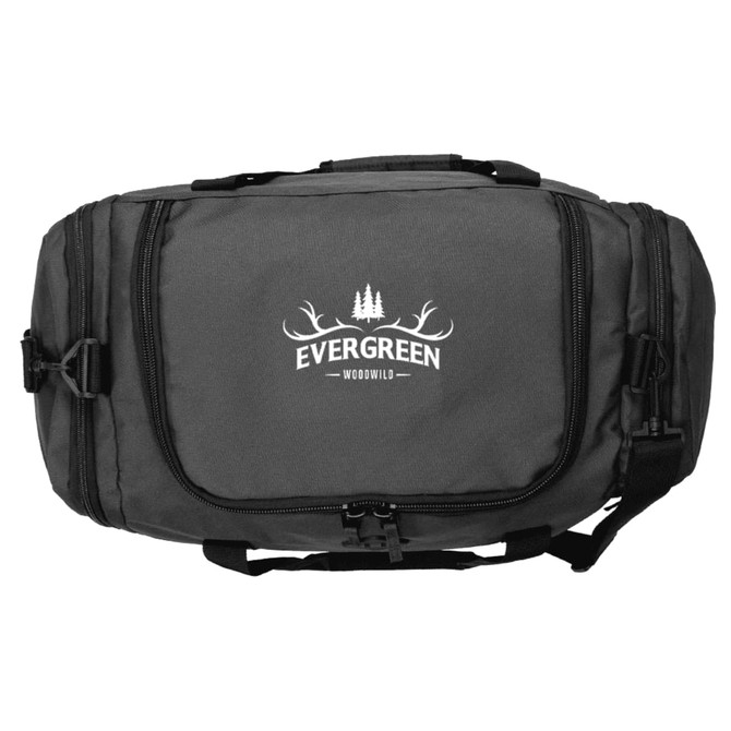 A grey duffel bag made from recycled material, featuring a logo on the front and multiple compartments.