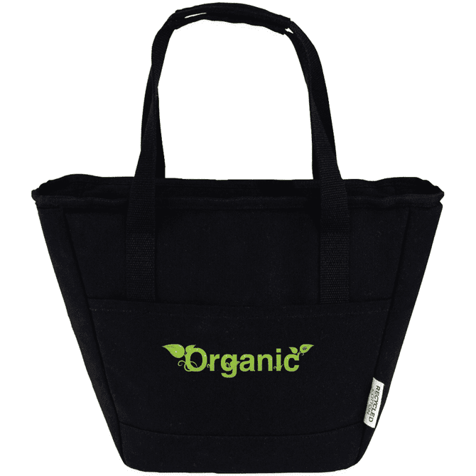A black cooler tote bag with two handles and a front pocket, featuring a logo and made from recycled canvas.