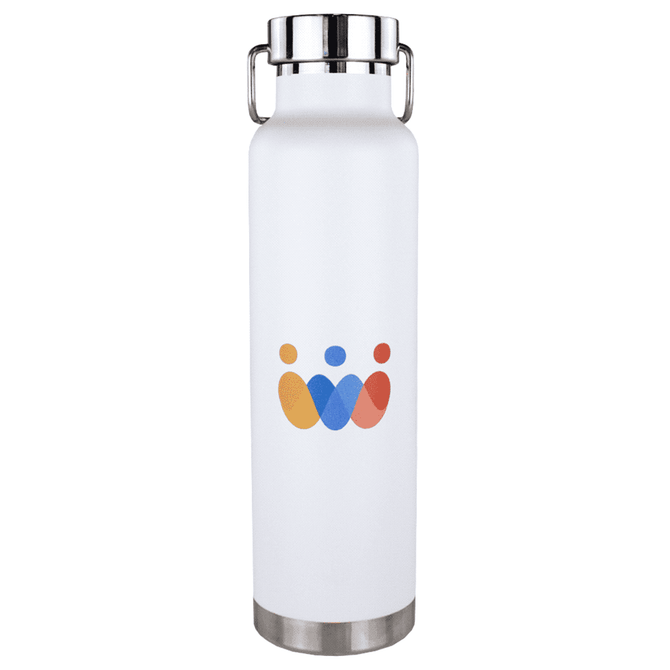 A drink bottle featuring a white body with a stainless steel lid and base, and a multicoloured logo.