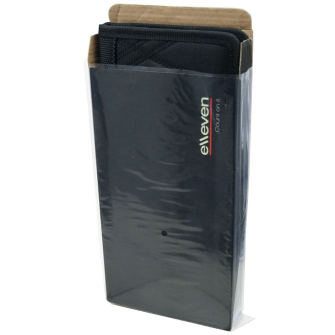 A slim black travel wallet packaged in a transparent cover, featuring a logo on one side.