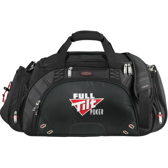 A black duffel bag with multiple compartments, featuring a logo and adjustable shoulder strap.