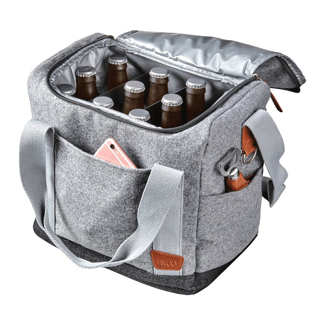 A grey cooler bag with a zippered top, holding six drink bottles and featuring a front pocket.