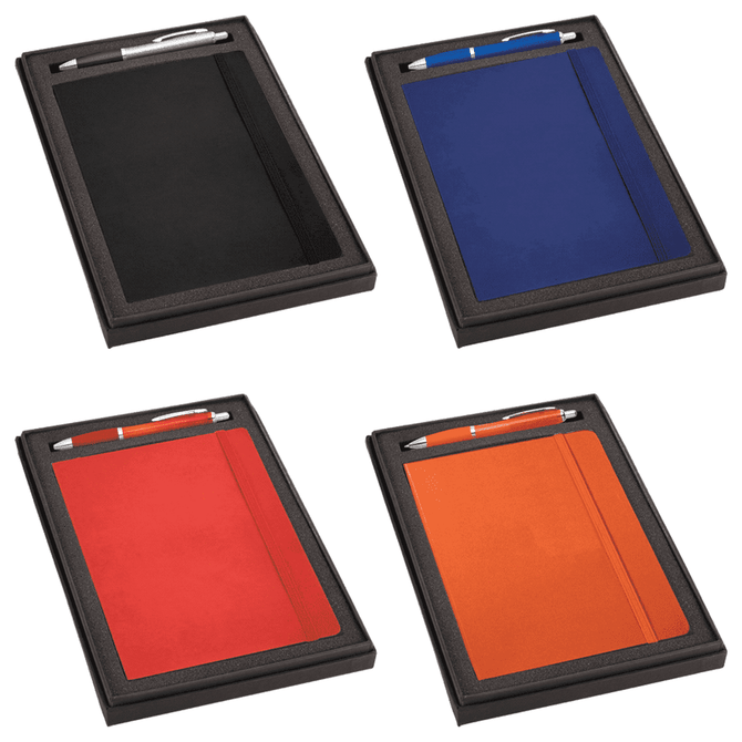 A gift set featuring a black, blue, red, and orange journal, each with a matching pen, presented in a box.