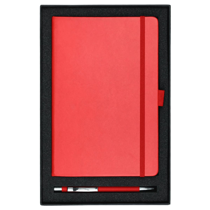 A red journal and red pen set presented in a black box with a soft interior.