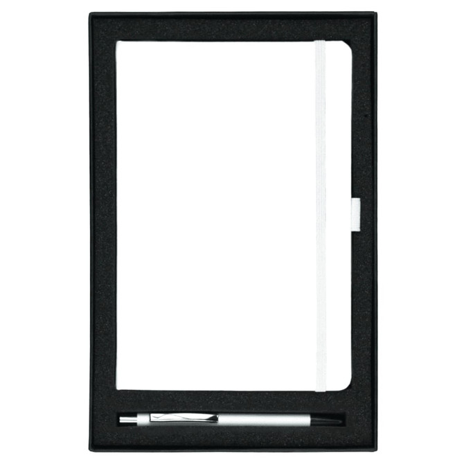 A gift set featuring a black journal with a white closure and a silver pen, packaged in a sleek black box.