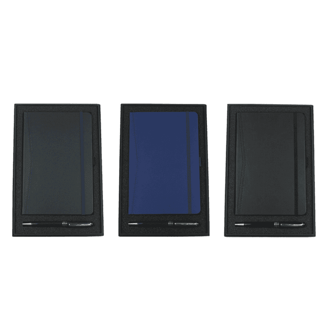 Gift set including a black Pedova Pocket Bound JournalBook and a grey Bristol Twist Ballpoint Pen.